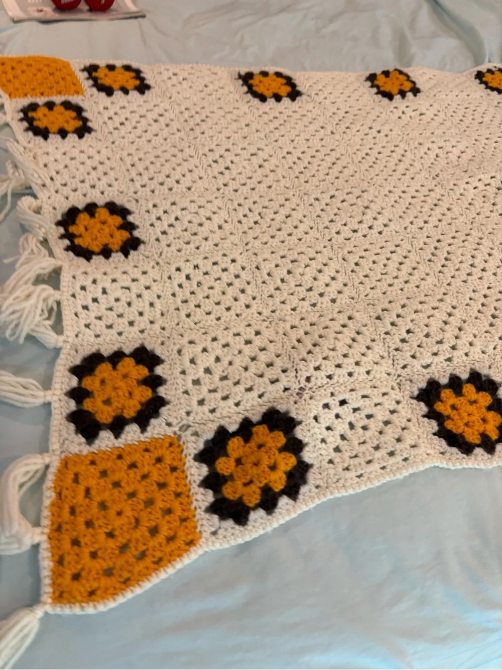 Handmade Crochet Granny Square Throw Blanket Cream Mustard Brown Fringe 32x55